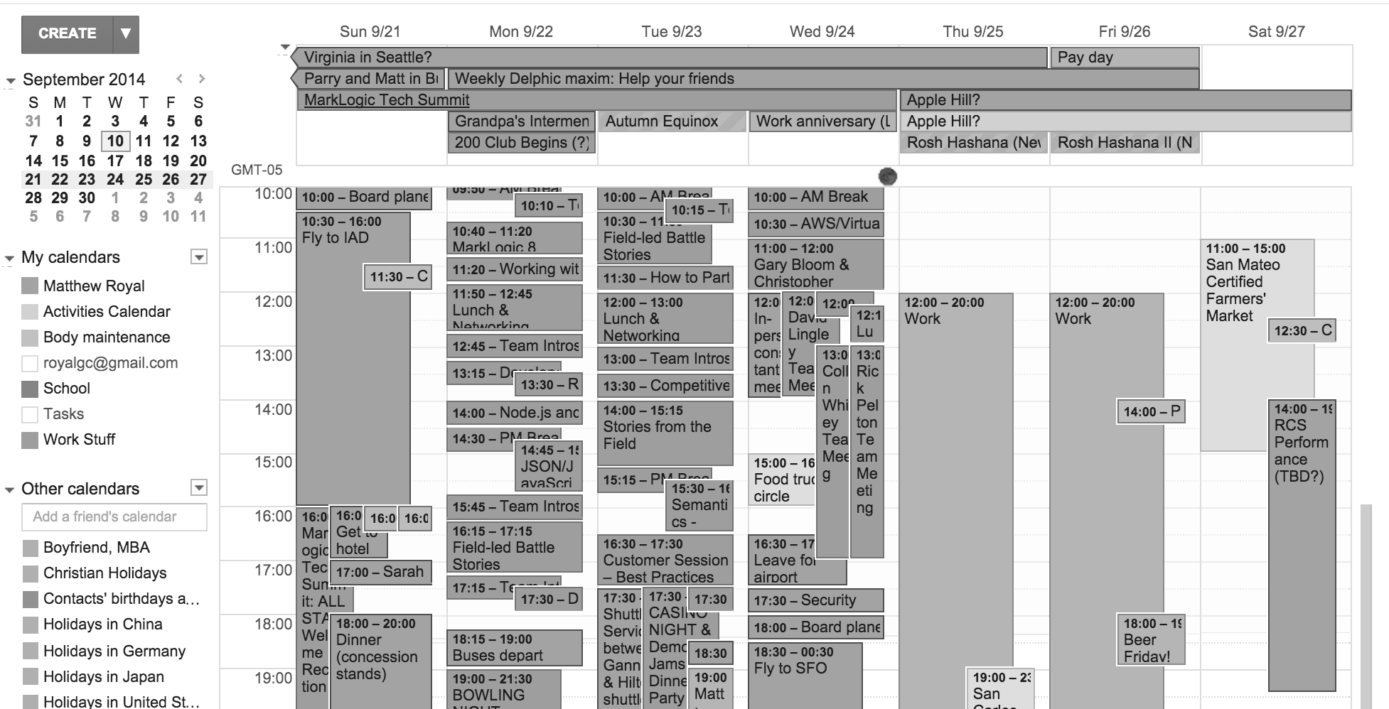 A completely full Google Calendar week view