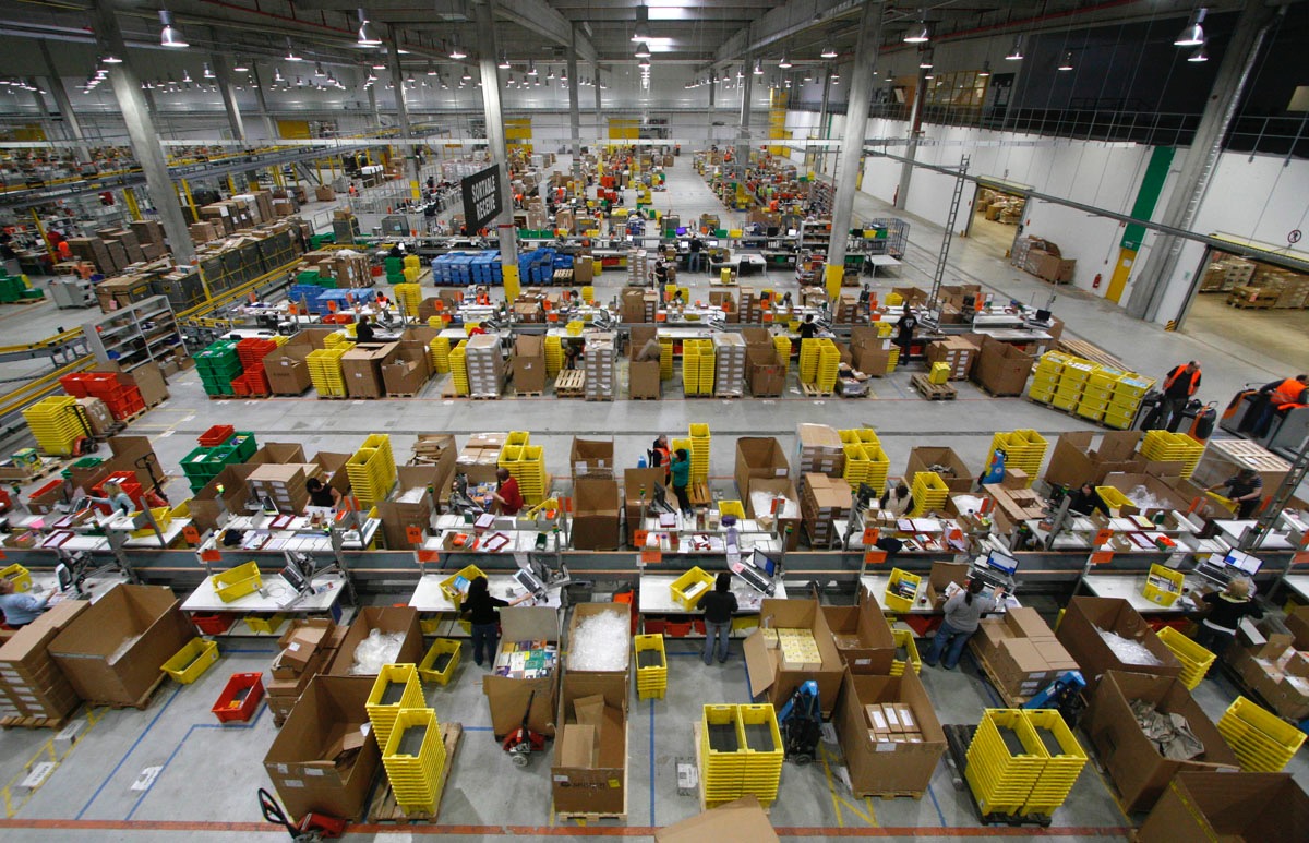 An Amazon fulfillment center warehouse floor